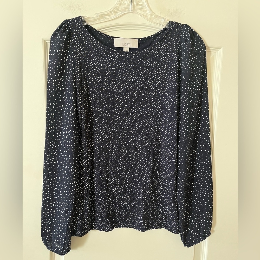 LOFT Navy Blue Speckled Dots Blouse Rayon Blend Women’s Size Small - Picture 1 of 16